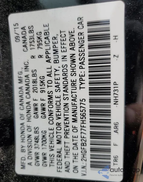 2015 Honda Civic Se z USA, uszkodzony, nr VIN 2HGFB2F77FH565775
